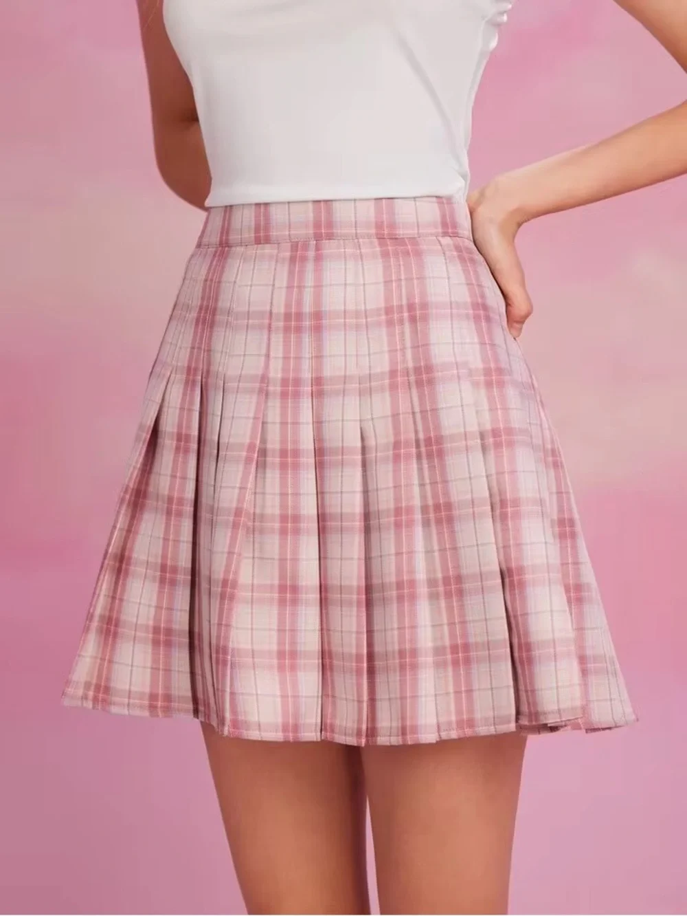 Pleated Pink Plaid Mini Skirt